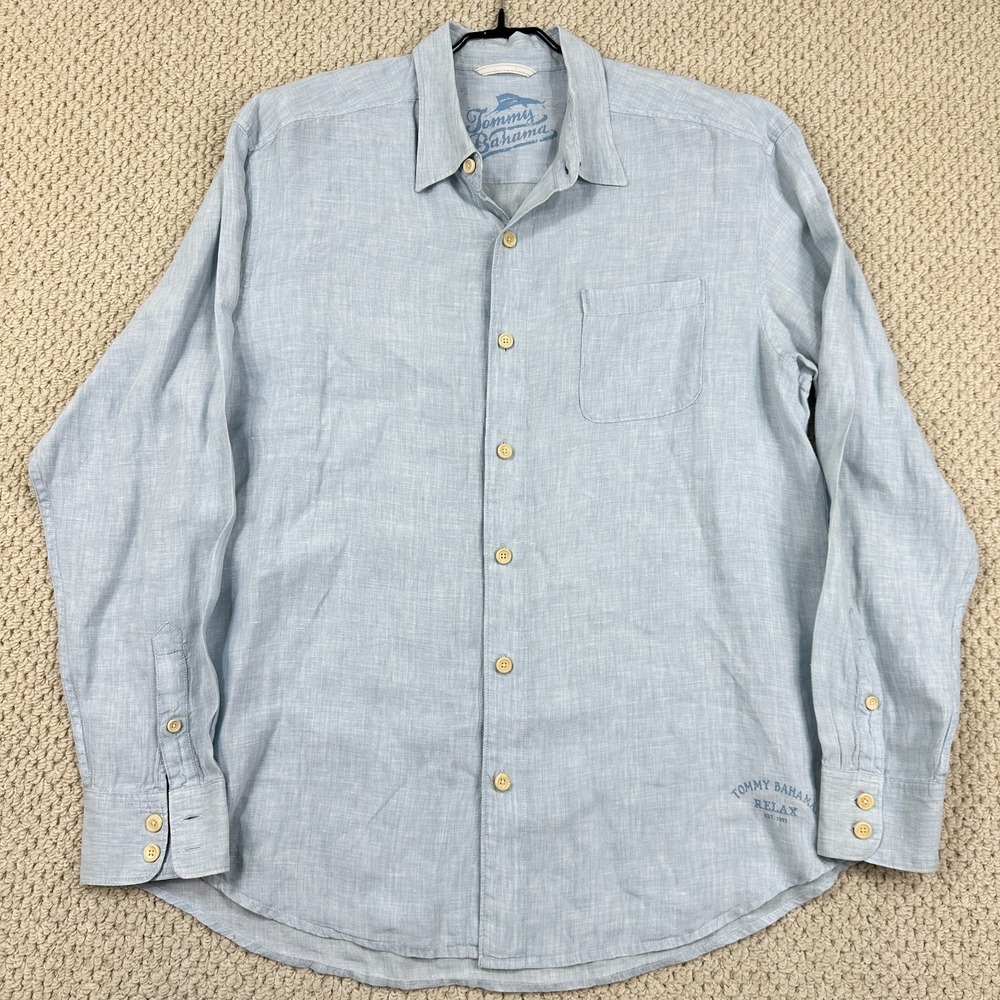 Tommy Bahama Relax Shirt Mens XL Blue Chambray Easy Breezer 100% Linen Button Up